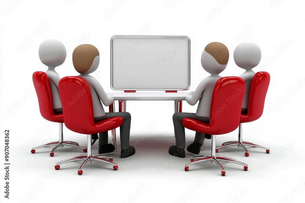 Animated figures having a meeting around a table with whiteboard and red chairs Animated figures having a meeting around a table with whiteboard and red chairs