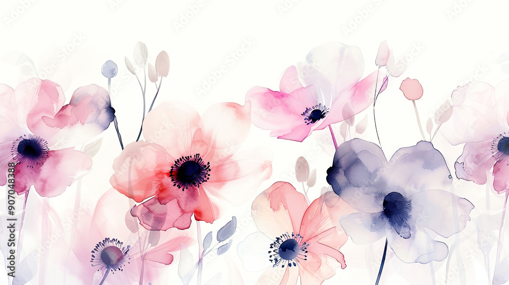 Watercolor whimsical anemones with soft blending, subtle and airy transitions, white background Watercolor whimsical anemones with soft blending, subtle and airy transitions, white background
