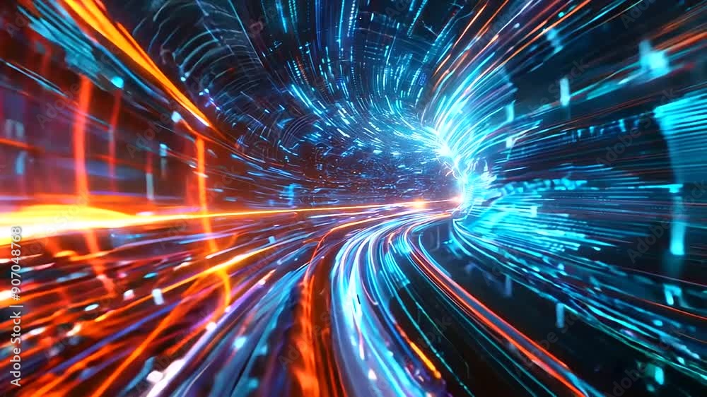 High-speed data particles racing through a tunnel, representing fast internet connectivity and dynamic data flow, with ample copy space.