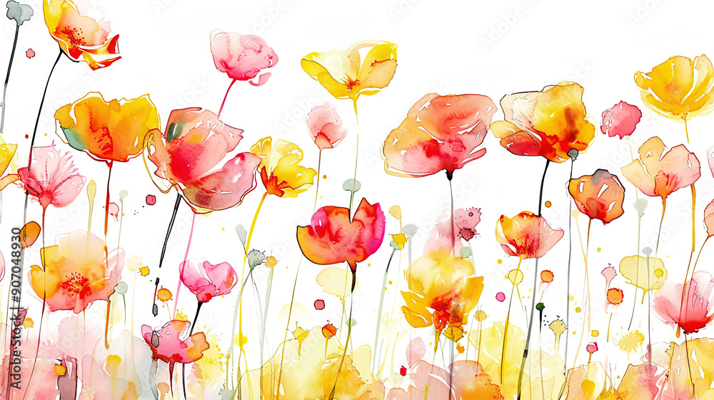 Fototapeta premium Watercolor whimsical buttercups in wet-on-wet style, vibrant colors blending softly, white background