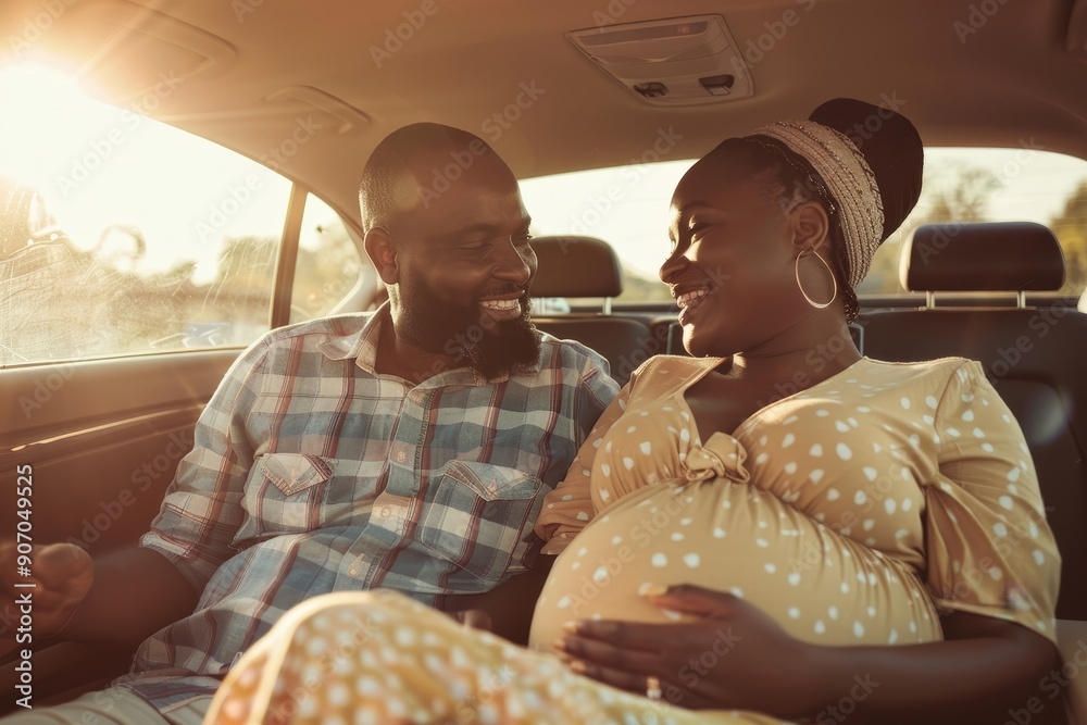 Happy african american husband and his pregnant wife driving in car ...
