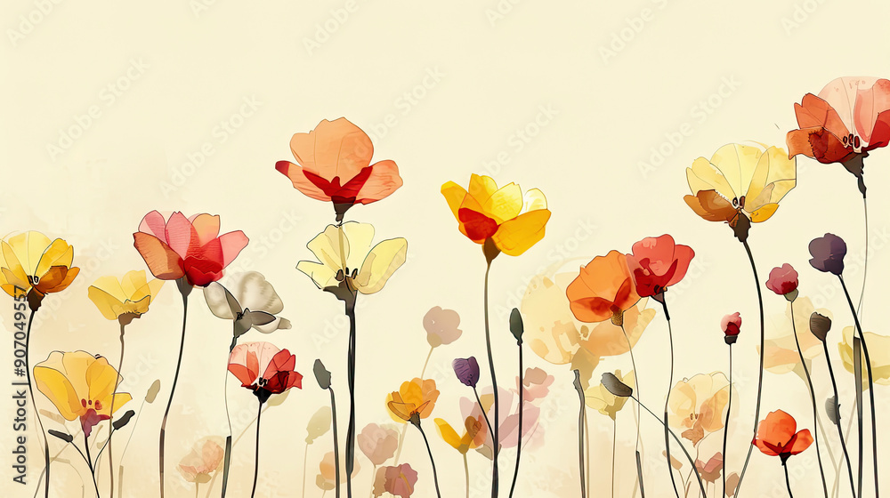 Watercolor whimsical buttercups with negative space, vibrant and bold flowers, light beige background Watercolor whimsical buttercups with negative space, vibrant and bold flowers, light beige background