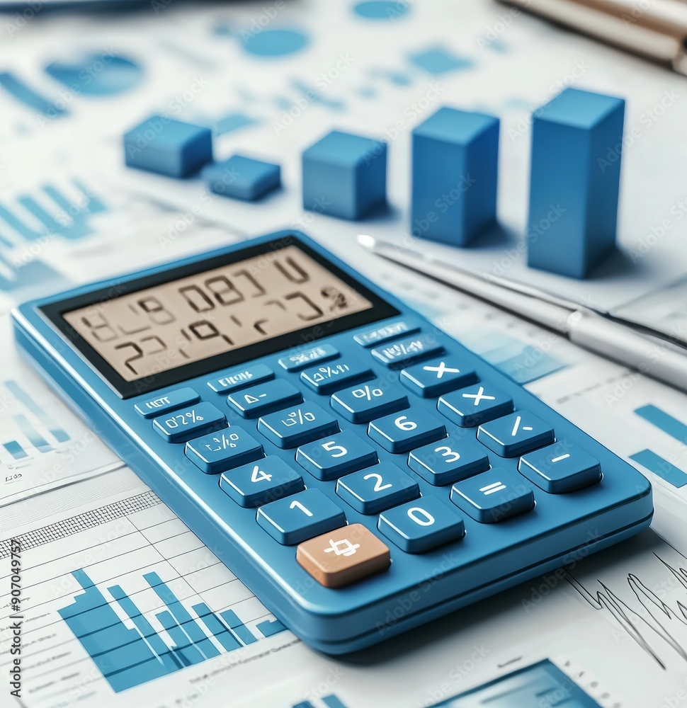Close-up of blue calculator with charts and graphs for financial analysis and planning Close-up of blue calculator with charts and graphs for financial analysis and planning