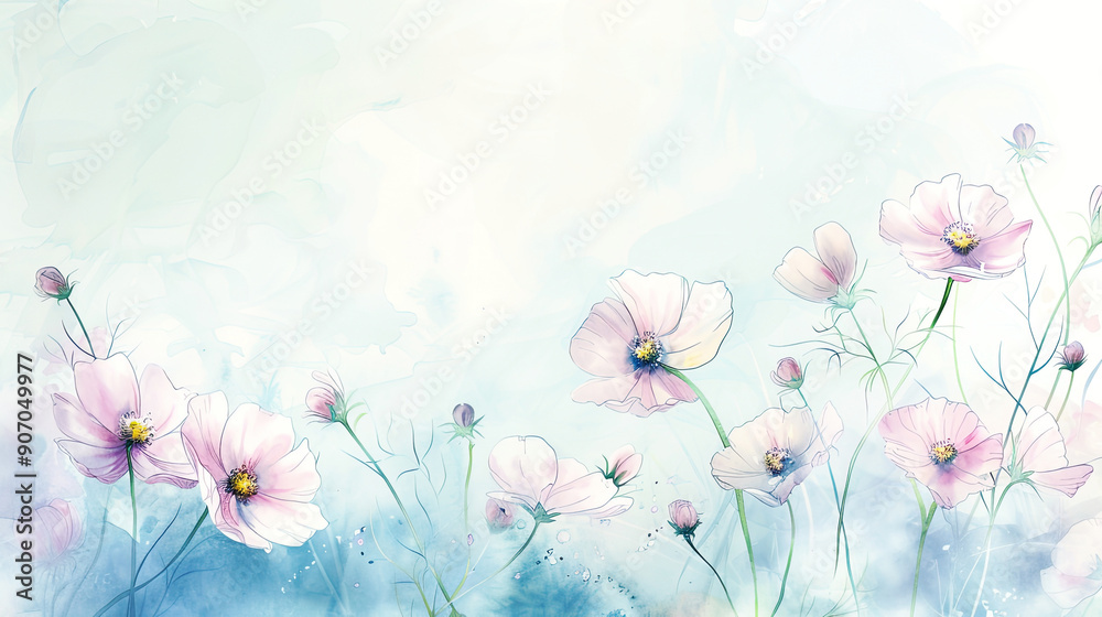 Watercolor whimsical cosmos with feathering, delicate and smooth edges, airy feel, light background Watercolor whimsical cosmos with feathering, delicate and smooth edges, airy feel, light background