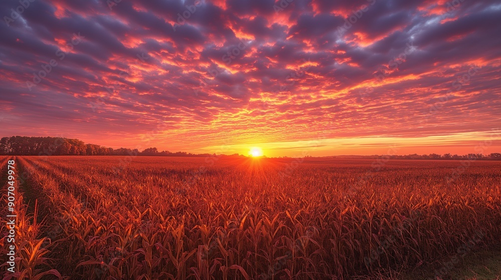 Fototapeta premium A colorful sunset over a cornfield, casting long shadows across the golden stalks