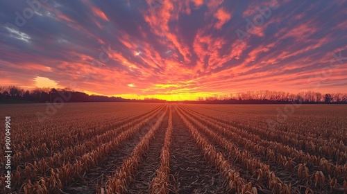 A colorful sunset over a cornfield, casting long shadows across the golden stalks