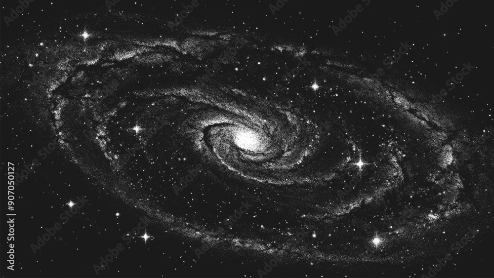 Deep space scene background in stippling style with amazing huge glowing spiral galaxy and stars. Milky Way galaxy. Retro styled dotwork. Pointillism. Noisy grainy dot shading. Vector illustration