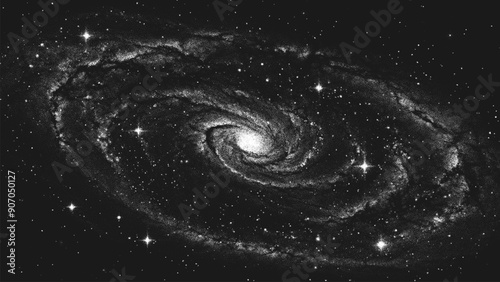 Deep space scene background in stippling style with amazing huge glowing spiral galaxy and stars. Milky Way galaxy. Retro styled dotwork. Pointillism. Noisy grainy dot shading. Vector illustration