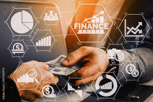 Finance and Money Transaction Technology Concept. Icon Graphic interface showing fintech trade exchange, profit statistics analysis and market analyst service in modern computer application. uds photo