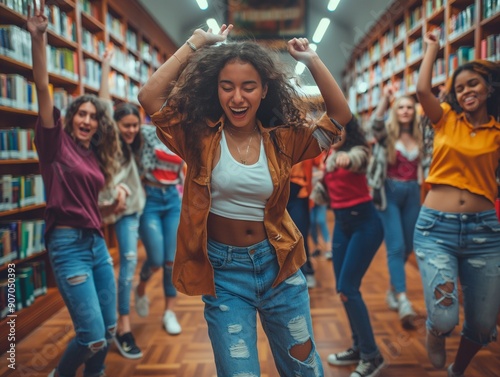 roup of students dancing and have fun in a library photo