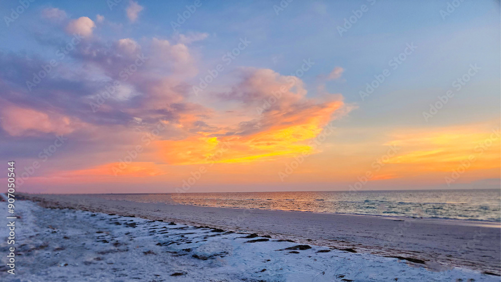 Obraz premium A beach scene during sunset or sunrise with the sky displaying a gradient of colors from blue to orange, reflecting on the water’s surface.