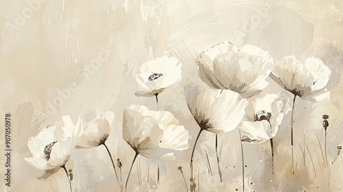 Wallpaper Mural Watercolor White poppies in dry brush style, bold and vivid strokes, light beige background Torontodigital.ca