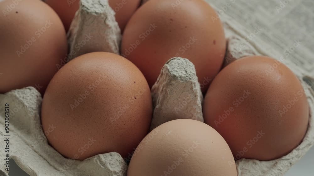 Chicken eggs in egg carton rotating macro shot. Healthy eating. Farming. Chicken eggs in egg carton rotating macro shot. Healthy eating. Farming.