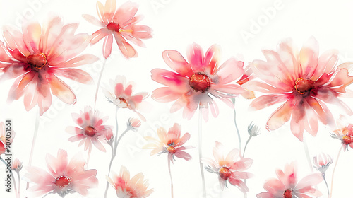 Watercolor whimsical daisies in loose and freeform style, lively and free-flowing, clean white background