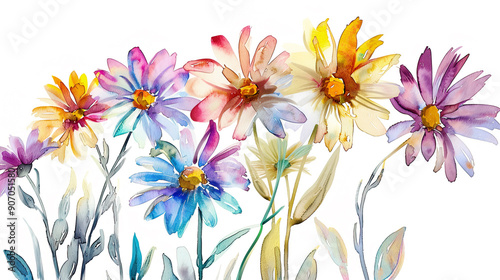 Watercolor whimsical daisies in loose and freeform style, vibrant and flowing, clean white background
