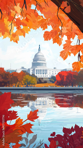 Vertical Illustration of Washington DC in fall season