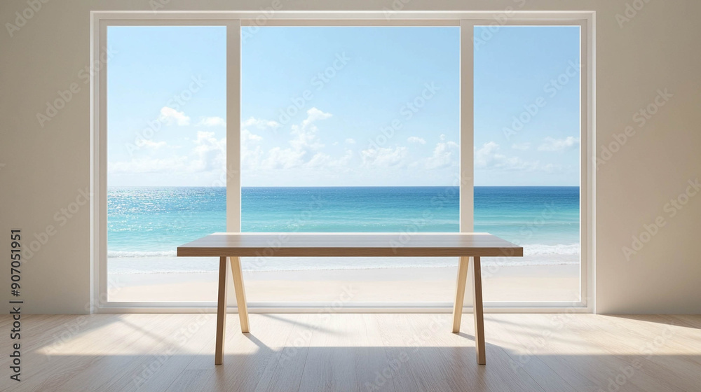 Modern and empty wooden work table against a large window with a sea view. Work-from-home in a paradise concept photo Modern and empty wooden work table against a large window with a sea view. Work-from-home in a paradise concept photo