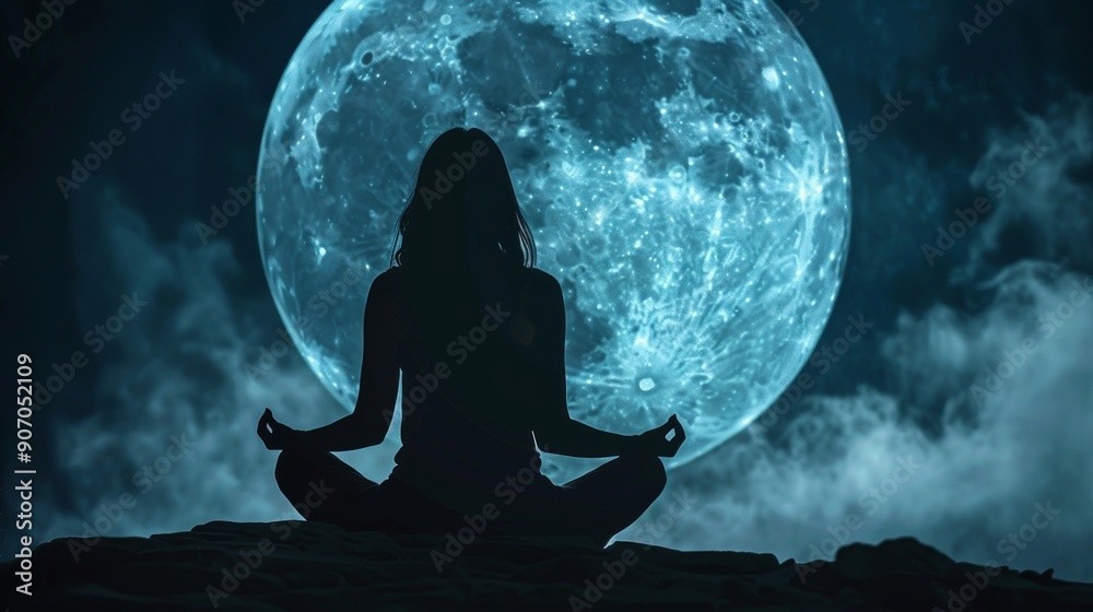 Abstract woman are meditating at blue full moon with star in dark night sky background Abstract woman are meditating at blue full moon with star in dark night sky background