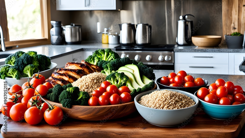 A table full of vegetables and fruits including tomatoes, broccoli, and carrots
