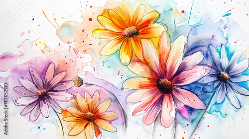 Watercolor whimsical daisies with ink and wash combination, detailed and colorful, light background