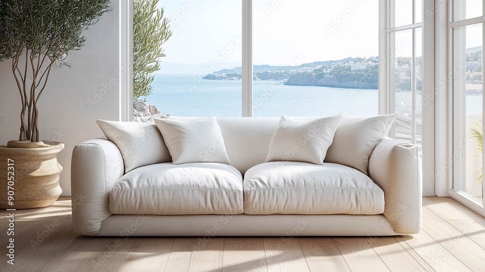 Comfortable and modern sofa in front of a large and bright window with sea views and in an empty living room with wooden floor Comfortable and modern sofa in front of a large and bright window with sea views and in an empty living room with wooden floor