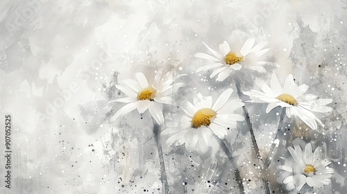Watercolor whimsical daisies with splattering, dynamic and lively, light gray background