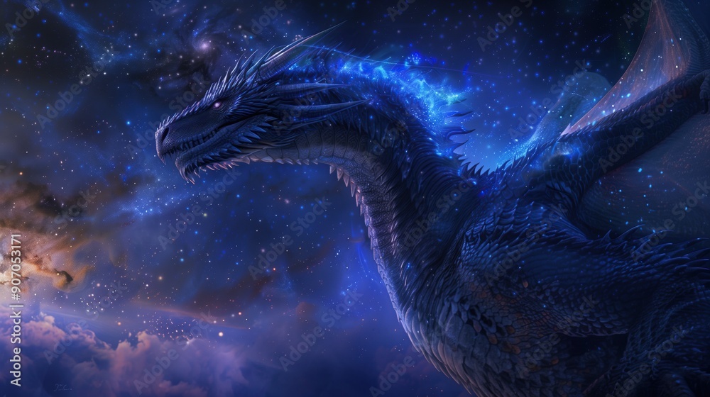 Enchanting Celestial Dragon Creature Against Starry Night Sky Enchanting Celestial Dragon Creature Against Starry Night Sky