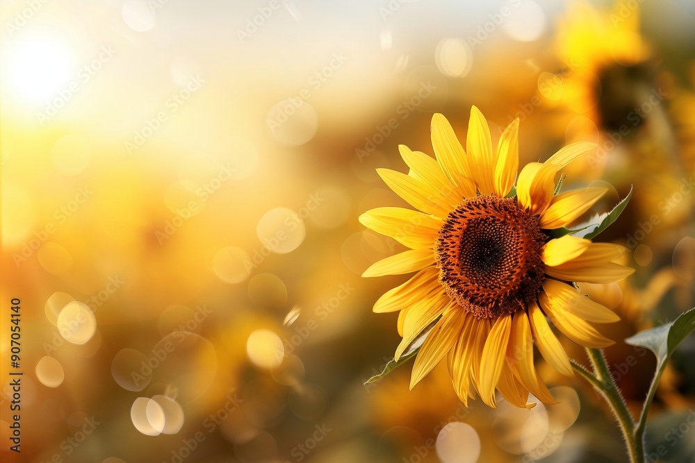 Fototapeta premium Sunflowers swaying in a summer breeze, their golden petals contrasting against a blurred background of lush greenery.
