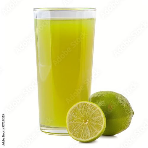 Medium shot of Soursop fruit juice in a glass near the Soursop fruit, isolated on a white background, 