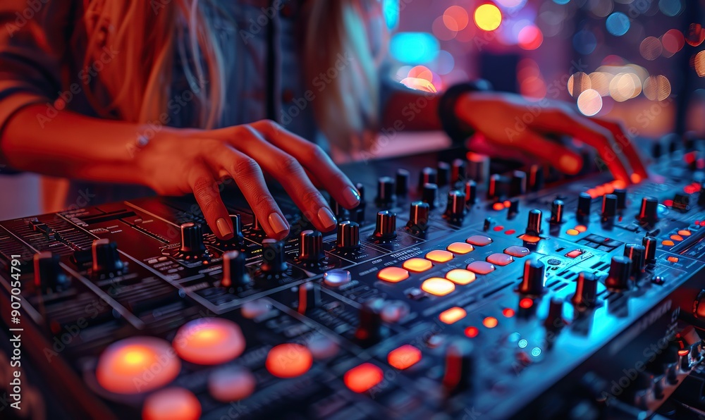A DJ is mixing tracks at a nightclub party, creating an energetic atmosphere. A DJ is mixing tracks at a nightclub party, creating an energetic atmosphere.
