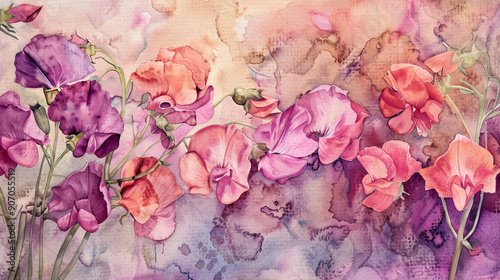Watercolor whimsical sweet peas using layering (glazing), creating depth with rich hues, textured paper background