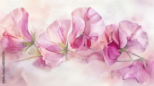Watercolor whimsical sweet peas with feathering, smooth and elegant edges, light background