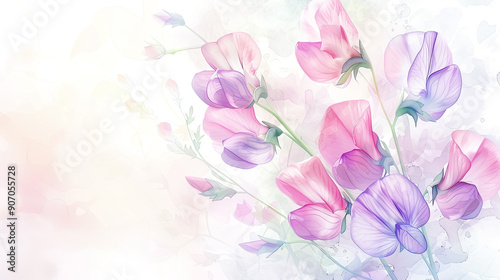 Watercolor whimsical sweet peas with feathering, smooth edges, elegant and airy, light background