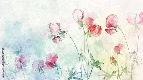 Watercolor whimsical sweet peas with gradient washes, seamless transitions, dreamy and soft, light background