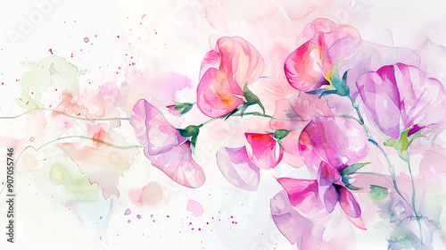 Watercolor whimsical sweet peas with feathering, soft and delicate edges, airy feel, light background