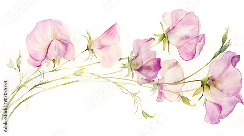 Watercolor whimsical sweet peas with feathering, smooth edges, elegant and airy, light background