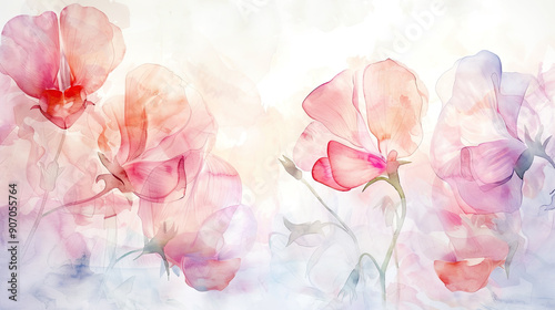 Watercolor whimsical sweet peas with gradient washes, smooth transitions, dreamy and light, light background