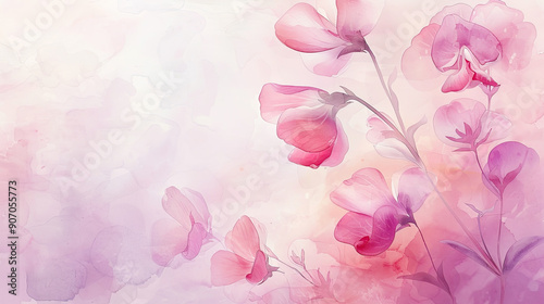 Watercolor whimsical sweet peas with gradient washes, soft transitions, dreamy feel, light background