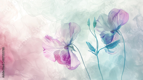 Watercolor whimsical sweet peas with gradient washes, soft transitions, dreamy feel, light background