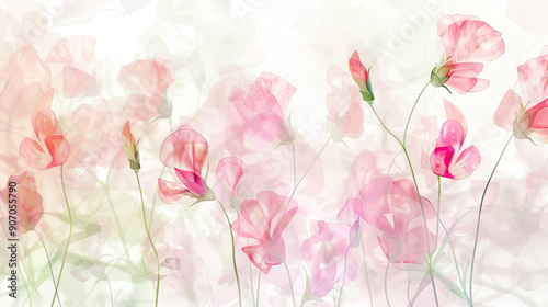 Watercolor whimsical sweet peas with gradient washes, seamless transitions, light and dreamy, light background