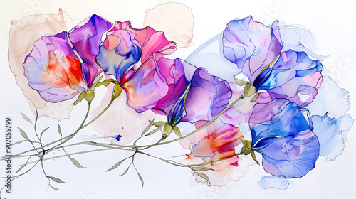 Watercolor whimsical sweet peas with ink and wash combination, intricate and colorful, light background