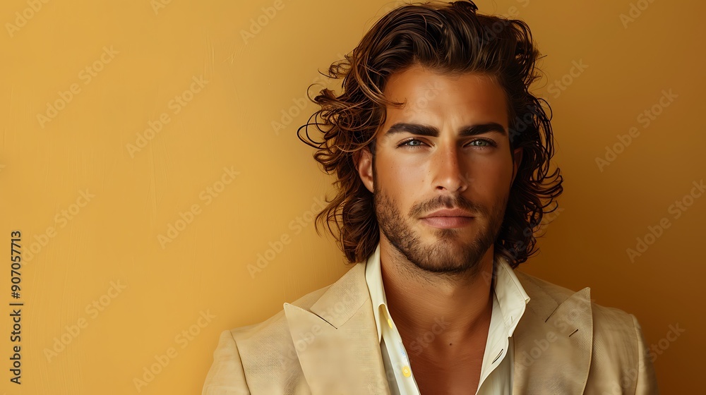 Handsome confident model. Arabian man dressed in elegant beige suit. Fashion male with long curly hairstyle posing near beige wall in studio. Handsome confident model. Arabian man dressed in elegant beige suit. Fashion male with long curly hairstyle posing near beige wall in studio.