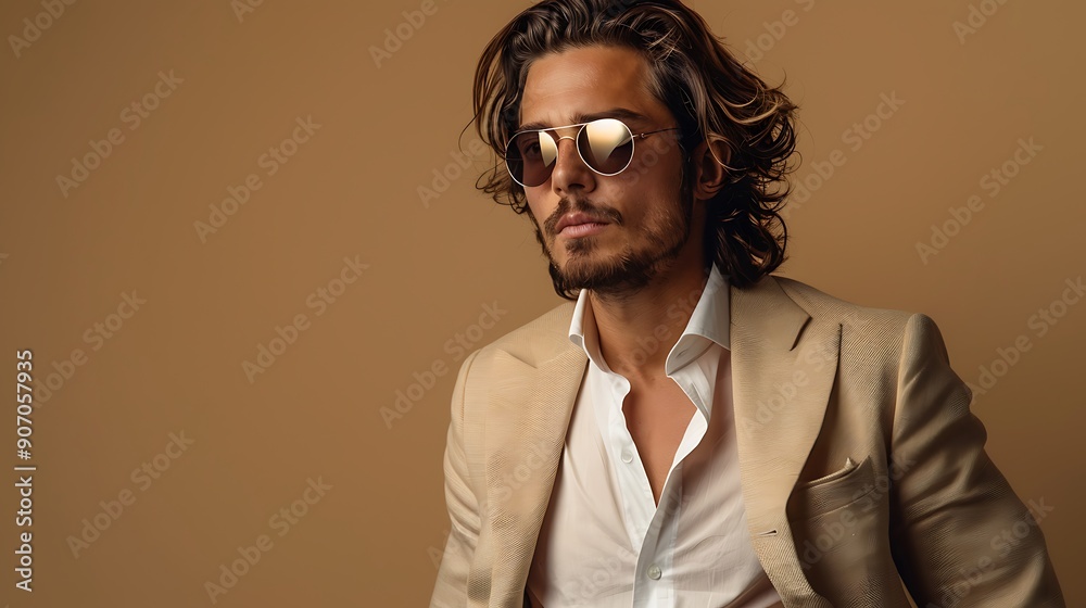 Obraz premium Handsome confident model. Arabian man dressed in elegant beige suit. Fashion male with long curly hairstyle posing near beige wall in studio.