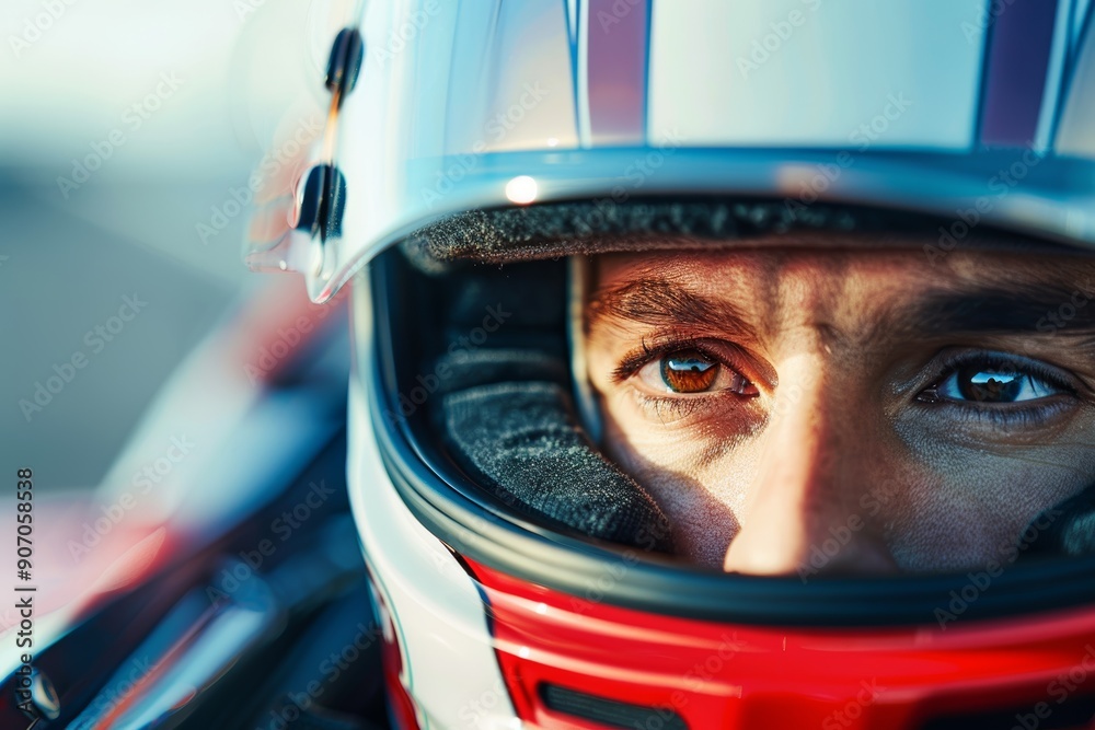 Focused Race Car Driver Wearing Helmet During High-Speed Track Lesson Focused Race Car Driver Wearing Helmet During High-Speed Track Lesson