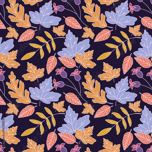 Seamless pattern with various leaves and plants, seasonal flowers on a dark background. Vector graphics.
