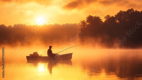 Fisherman enjoying a tranquil sunrise while fishing from a boat on a misty lake, with reflections of trees and a peaceful early morning light enhancing the serene setting