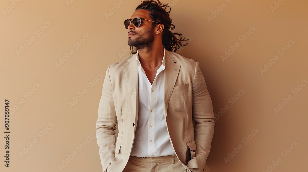 Handsome confident model. Arabian man dressed in elegant beige suit. Fashion male with long curly hairstyle posing near beige wall in studio. Handsome confident model. Arabian man dressed in elegant beige suit. Fashion male with long curly hairstyle posing near beige wall in studio.