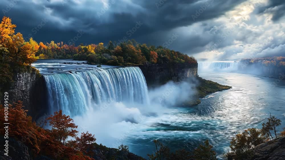 Large waterfalls under stormy sky. Beautiful nature landscape. Travel and adventure concept. 