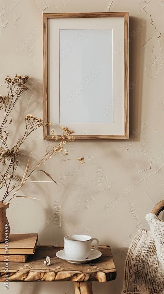 Interior of modern living room with blank picture frame, coffee cup and dried flowers in vase. Mock up
