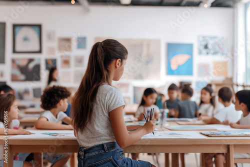 A group of children focuses on their artwork in art classroom, with one girl holding brushes and concentrating on her painting.